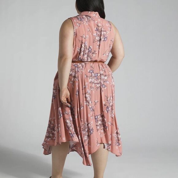 Torrid Pink Floral Print Asymmetrical Hem Belted Button Down Dress Sz 00 - Picture 2 of 9